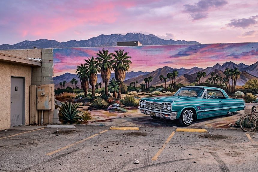 Mural of date palms, mountains and a lowrider under a pink dusk sky on a cinder block wall