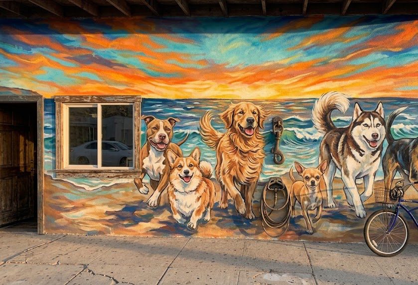 Mural of six dogs running on a beach on the exterior wall of a dog rescue