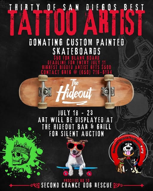 Flyer for a custom painted skateboard silent auction at The Hideout Bar and Grill benefiting Second Chance Dog Rescue